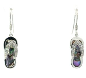Sterling silver genuine abalone and cz dangle flip flop earrings on fish hooks