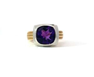 14 KT 2 TONE CHECKER AMETHYST RING TW-2.75ct