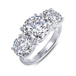 Three-stone ring is set with Lassaire simulated diamonds in sterling silver bonded with platinum tw 7.95ct size 7