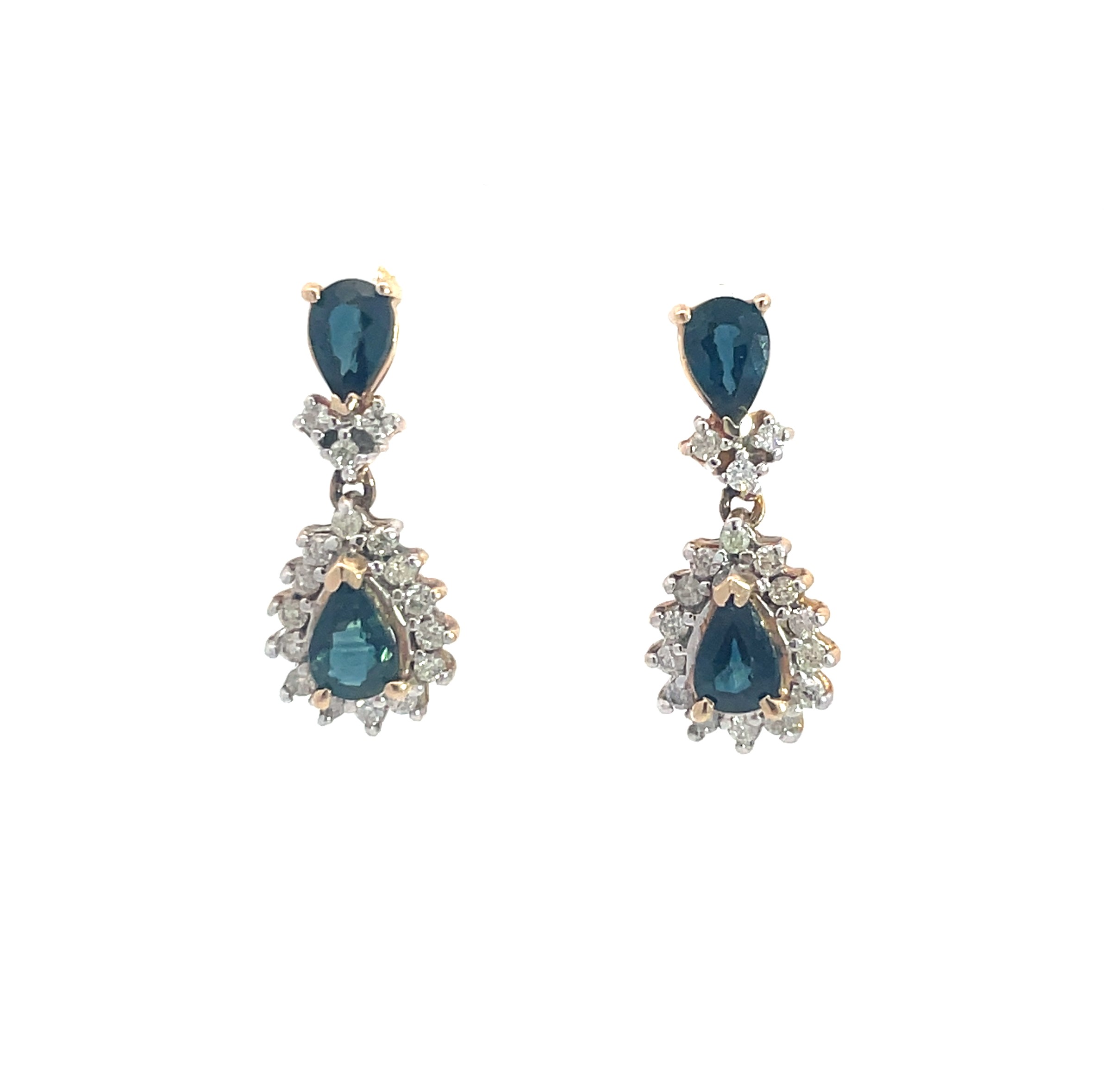 ABS .jpeg 14KT Y/G SAPP/ DIAMOND DANGLE EARR 4-PEAR SAPPTW 1.50CTS 34 RD DIAM TW .50PTS