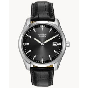 Mans Eco- Drive black dial stainless steel with date and black leather strap 40mm