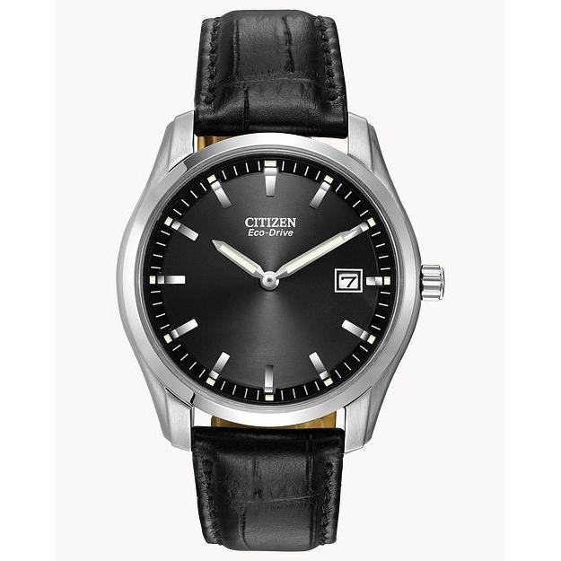 AU E .jpg Mans Eco- Drive black dial stainless steel with date and black leather strap 40mm