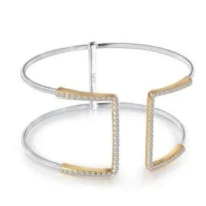 S.S and 18kt gold plated wide open front cuff fashion bangle Lafonn Lassaire simulated diamond tw 1.44cts