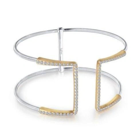 BCLT v .webp S.S and 18kt gold plated wide open front cuff fashion bangle Lafonn Lassaire simulated diamond tw 1.44cts