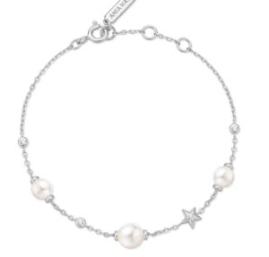 Sterling Silver pearl and star cubic zirconia station adjustable bracelet