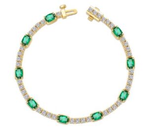 Sterling Silver gold plated lassire simulate diamond and emerald bacelet tw 8.34cts 7"long