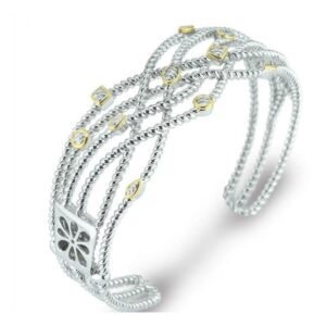 Sterling Silver and 14kt yellow gold 6 row cable hinge bracelet with claw catch rhod plated