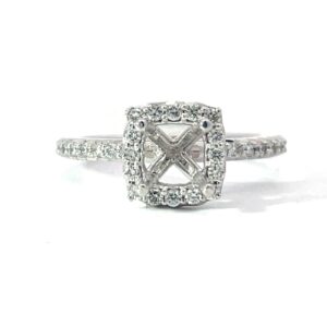 14kt white gold diamond cushion shape halo semi mount tw 0.36cts SI1, G/H