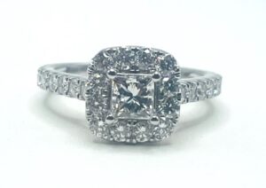 14kt white gold diamond princess cut cushion halo bridal set C 1/2ct D tw 2.00cts SI1, near colorless G/H color