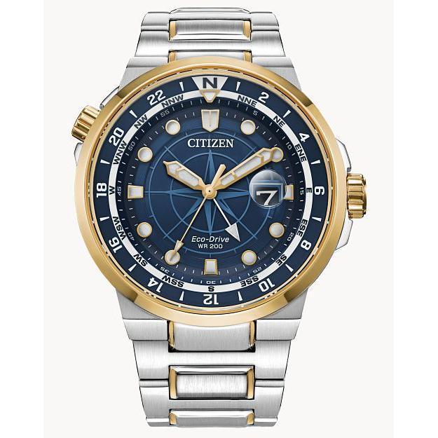BJ L .jpg Mans Eco- Drive two tone with date blue dial WR 200 meters bracelet watch