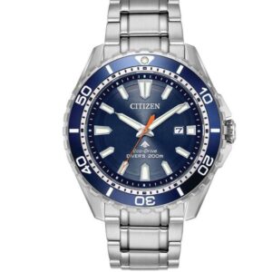 Mens Eco Drive Divers Watch 200M with date SS bracelet with blue face numbered bezel