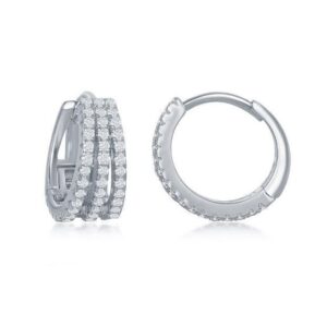 Sterling Silver Triple Row CZ Small Hoop Earrings
