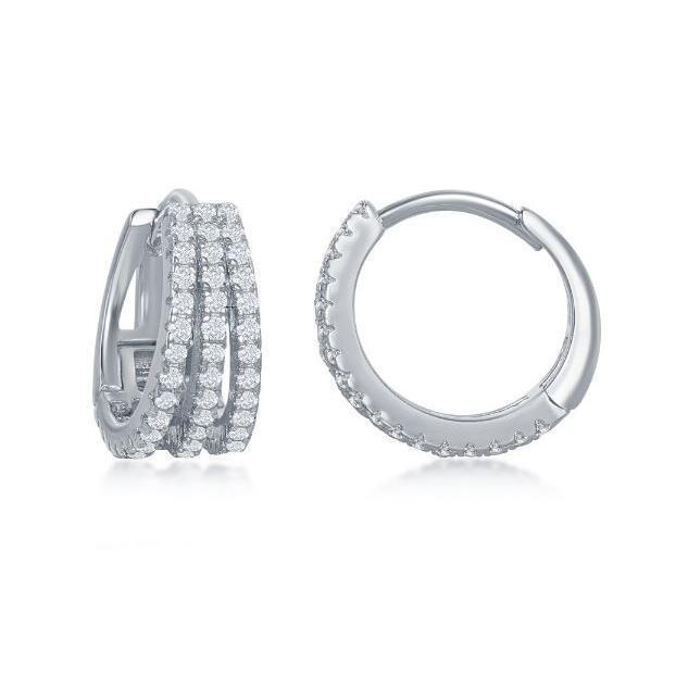 D .jpg Sterling Silver Triple Row CZ Small Hoop Earrings