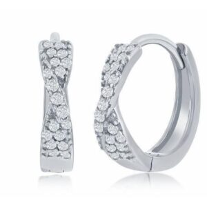 Sterling Silver pave crossover cz huggie hoop earring