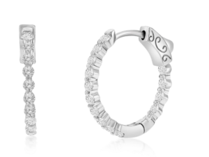 Sterling Silver rhodium plated 20mm inside out cubic zirconia huggie hoop earring with locking back