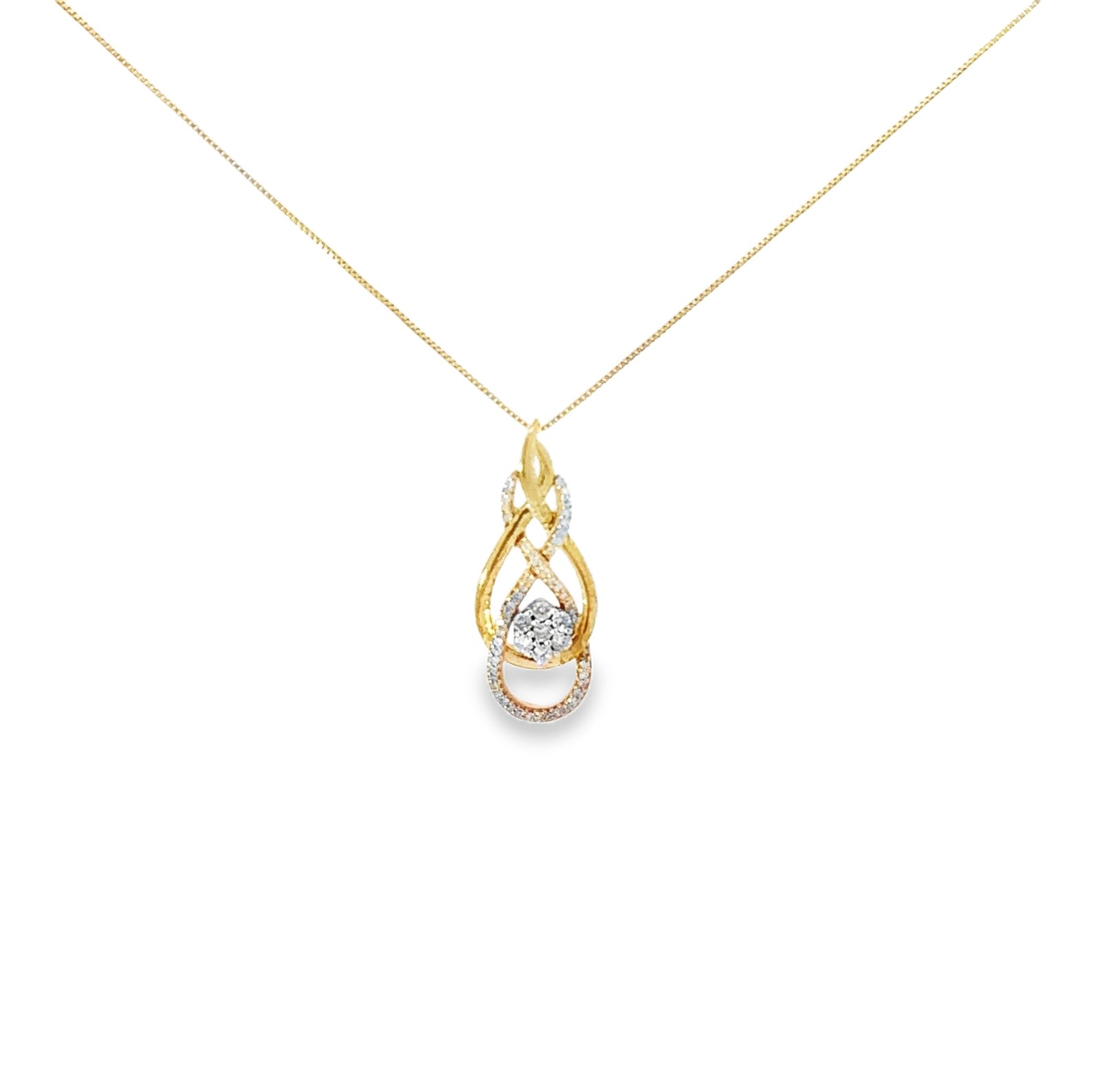 DPD .jpg 10kt two tone rose and yellow gold infinity diamond fashion pendant D tw 0.20cts on 18" box chain SI2, clarity, near colorless I color