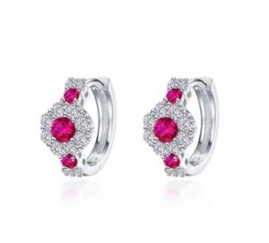 Sterling Silver rhodium plated lassire simulated diamond and lab created ruby huggie flower earring tw 0.66cts