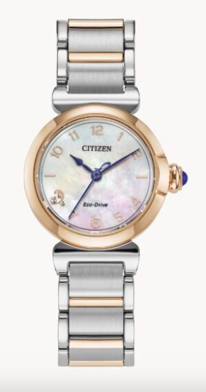 Ladies EcoDrive Stainless Steel two tone 26mm mother of pearl dial bracelet watch.