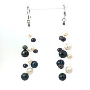 Sterling Silver freshwater black and white tripple strand dangle earring on fish hooks