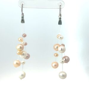 Sterling Silver freshwater pearl pink and white tripple strand dangle earring