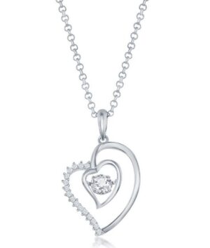 Sterling Silver rhodium plated cubic zirconia heart beat necklace on diamond cut1.2 mm cable chain 18"