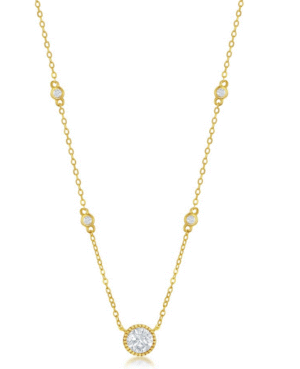 Sterling Silver gold plated Round CZ Station Necklace on adjustable chain
