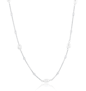 Sterling Silver rhodium plated fresh water pearl and bead station necklace