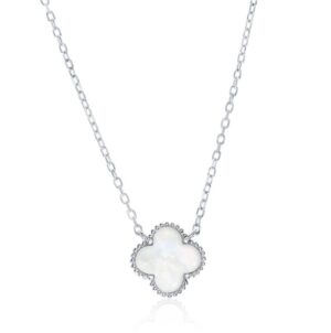 Sterling Silver rhodium plated mother of pearl beaded clover necklace on adjustable chain 16+2"