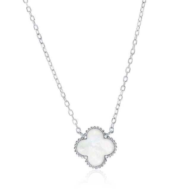 M .jpg Sterling Silver rhodium plated mother of pearl beaded clover necklace on adjustable chain 16+2"