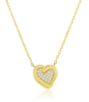 Sterling Silver gold plated cubic zirconia pave heart pendant on adjustable chain