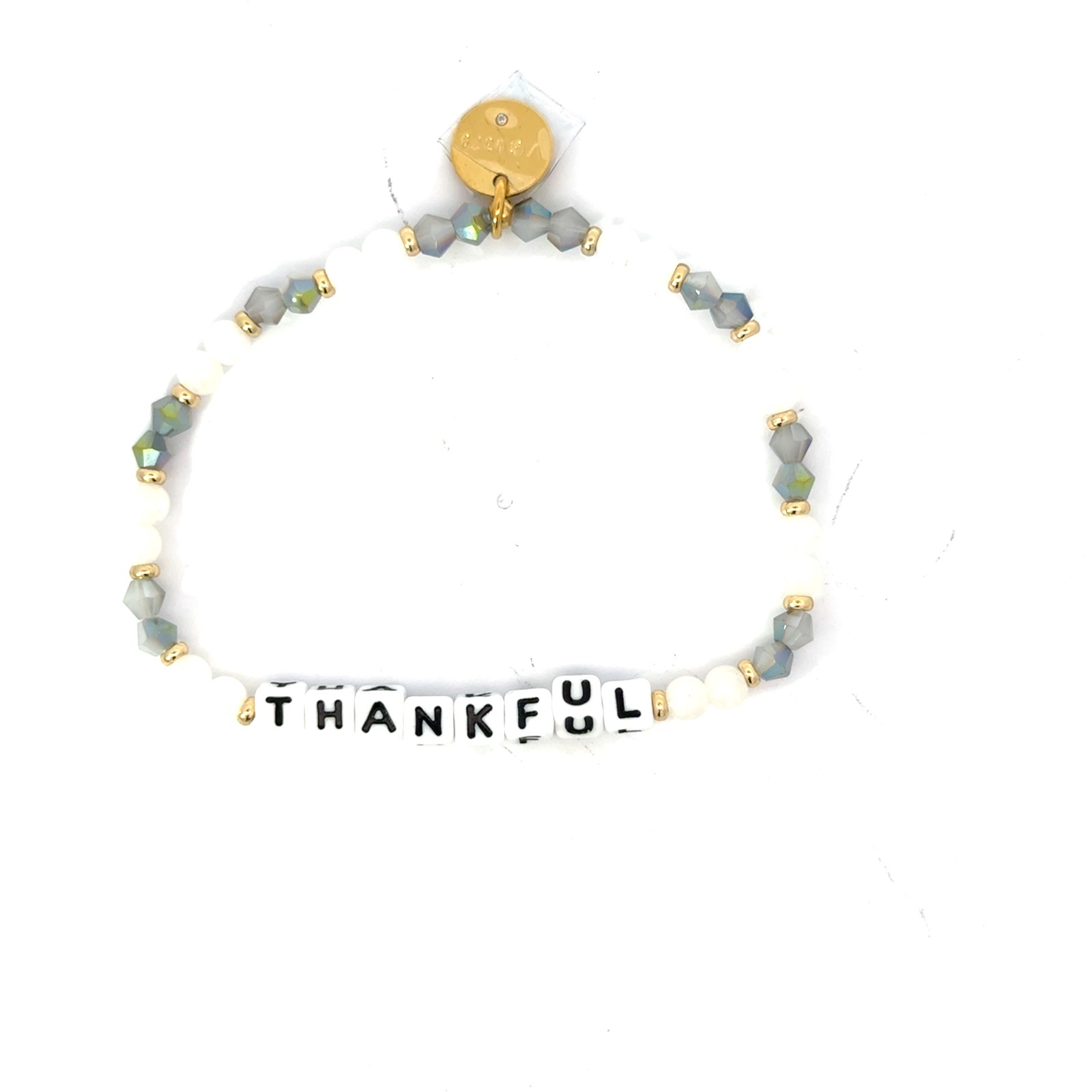 NVB THA FSF .jpg Little Words Project "Thankful" grey and white beaded stretch bracelet