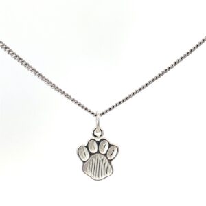 Sterling Silver textured paw print charm on curb chain 18" with spring ring clasp