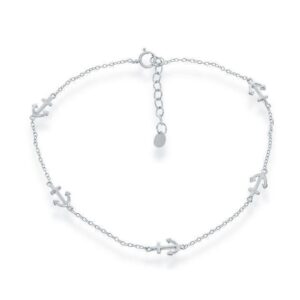 Sterling Silver Rhodium Plated Anchor By The Yard Ankle Bracelet 9" With 1" Extention