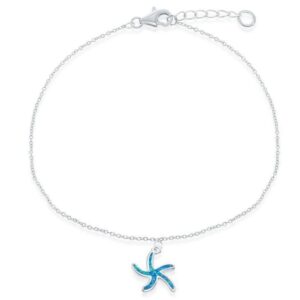 Sterling Silver blue inlay created opal anchor ankle bracelet