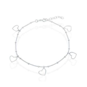 Sterling Silver dangling open heart beaded ankle bracelet 10+"