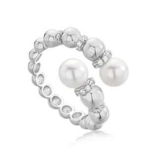 Sterling Silver pearl and cz sparkle wrap rhodium plated adjustable ring