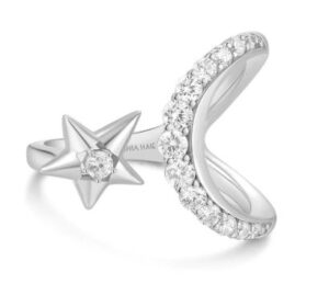 Sterling Silver rhodium plated cubic zirconia sparkling mooon and star adjustable ring