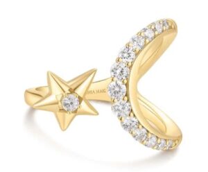Sterling Silver gold plated sparkling moon and star cubic zirconia adjustable ring