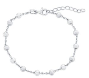 Sterling Silver rhodium plated alternating brushed and polished bead bracelet 6+1"