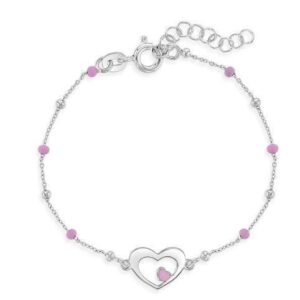 Sterling Silver pink enamel double heart child bracelet 5-6"