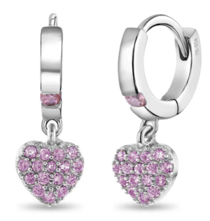 Sterling Silver pave puffed heart with pink cubic zirconia huggie earrings