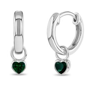 Sterling Silver huggie hoop with cz emerald heart birthstones dangles earring