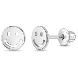 Sterling Silver shiny childs happy face stud earring with screw backs