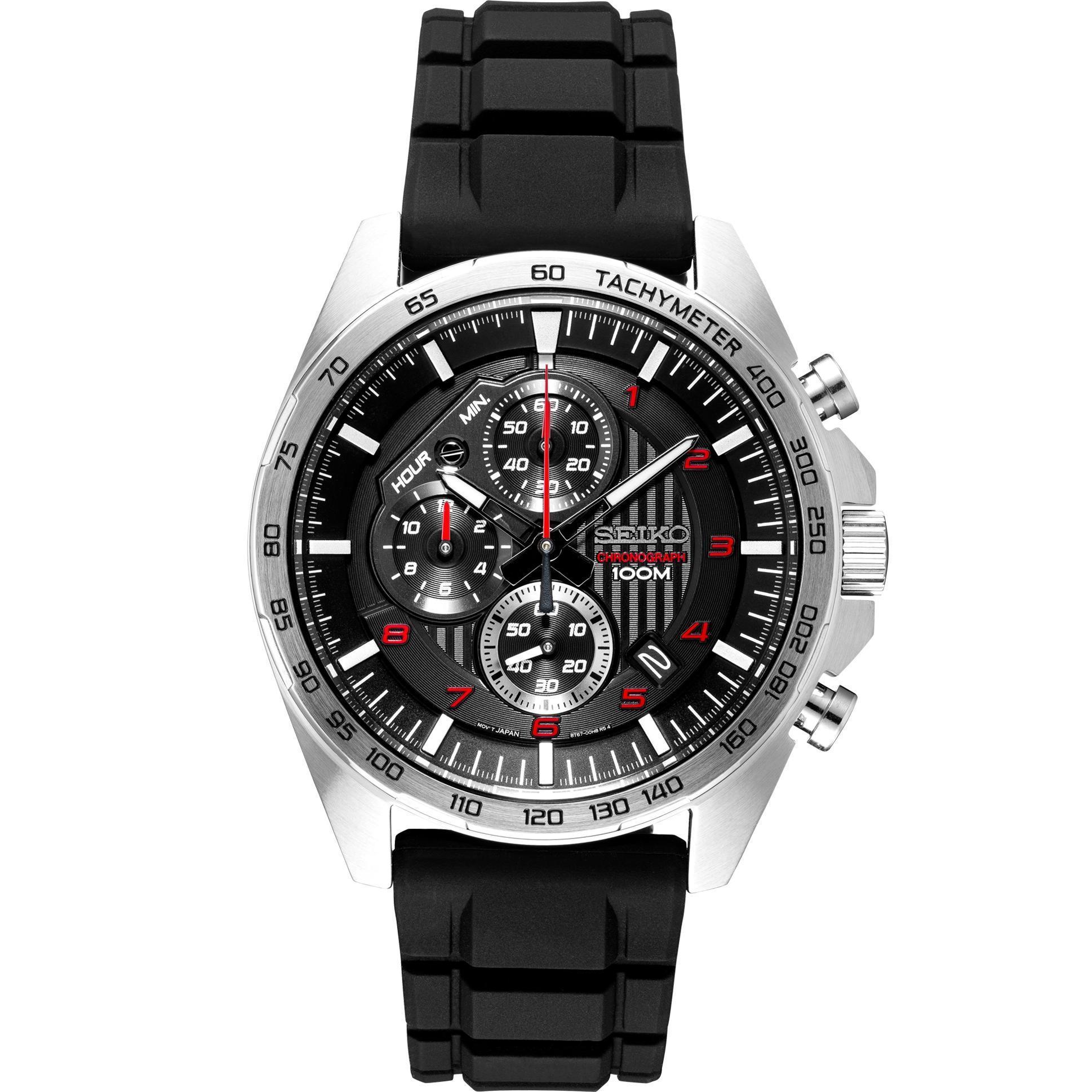 SSB .jpg Mans Seiko chronograph black and red 100meter W/R hardlex crystal