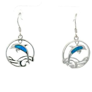 Sterling Silver Rhodium Plated created blue opal jumping dolphin dangle earrings on fish hooks