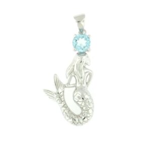 Sterling Silver Rhodium Plated Blue Topaz Mermaid Pendant On Diamond Cut Cable Chain 18"