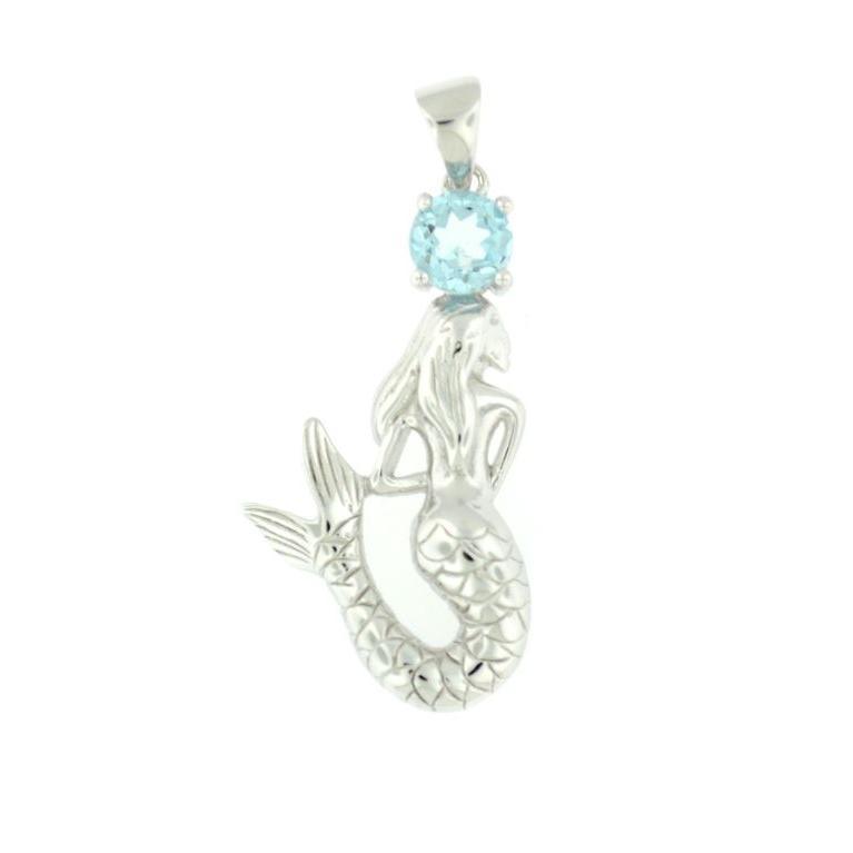 SSP BMM .jpg Sterling Silver Rhodium Plated Blue Topaz Mermaid Pendant On Diamond Cut Cable Chain 18"