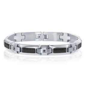 Mans Stainless Steel black carbon fiber insert with cubic zirconia bracelet 8.5"