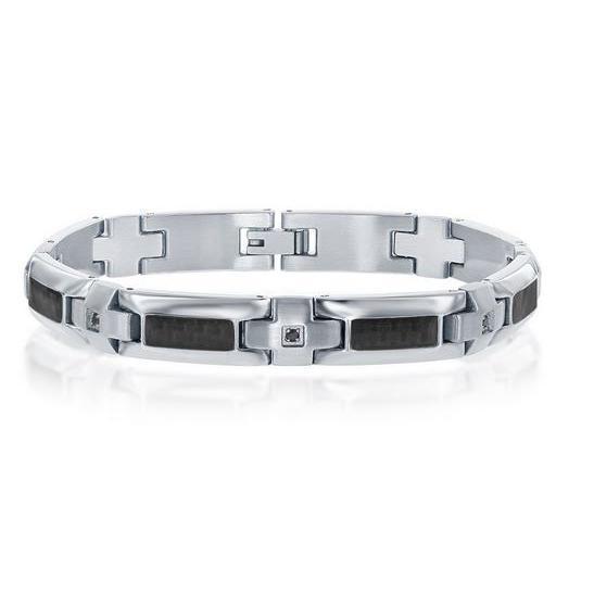 Mans Stainless Steel black carbon fiber insert with cubic zirconia bracelet 8.5"