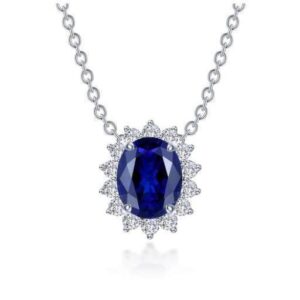 Sterling Silver platinum lassire simulated diamond halo pendant with lab grown sapphire pend D tw 3.35cts